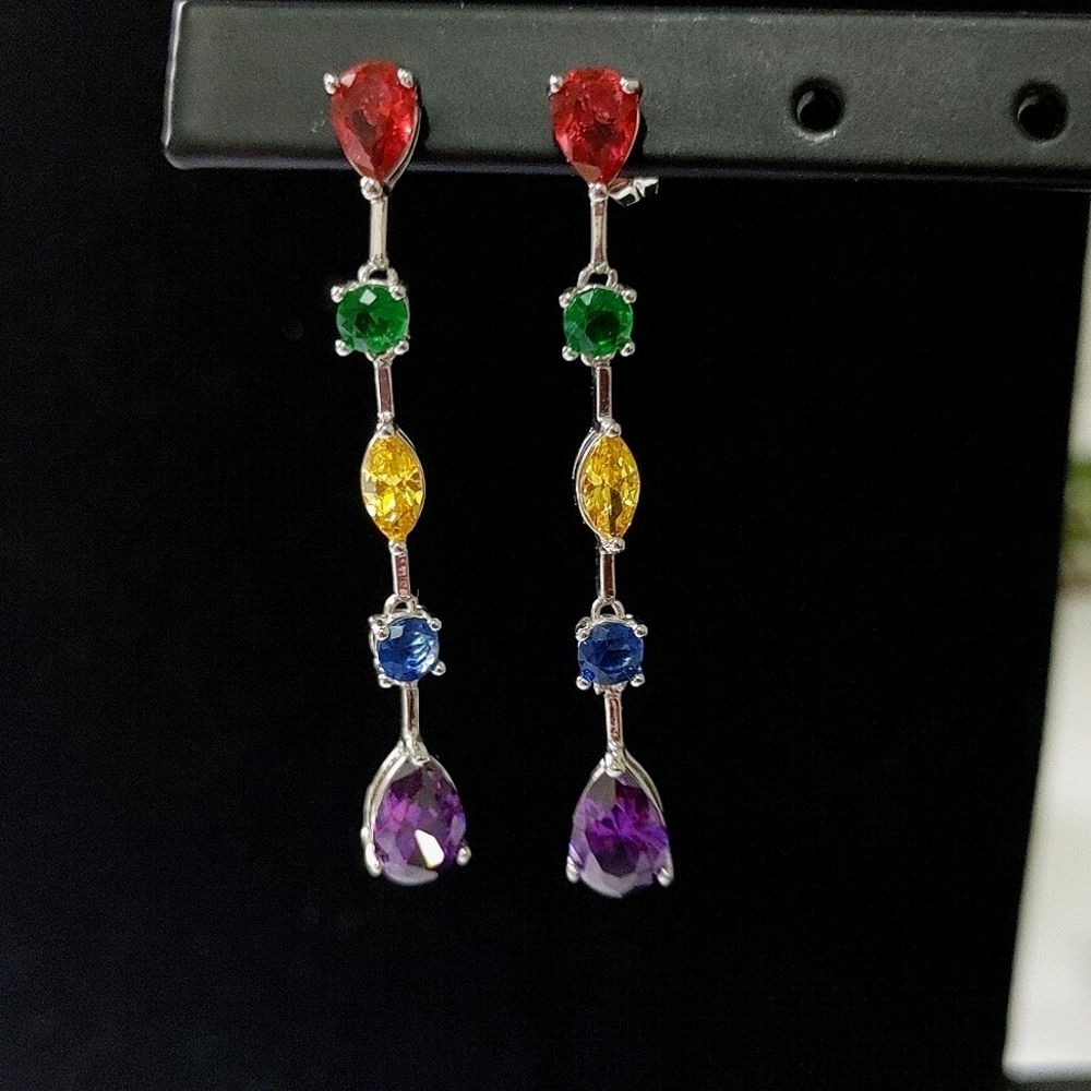 Silver with Multi Color CZ Linear Drop Earrings